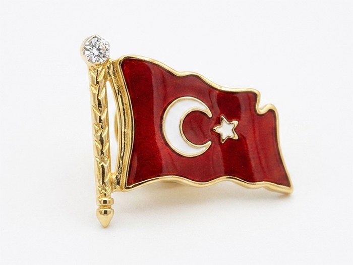 Altın Türk Bayrağı Yaka Rozeti - Ay Yıldızlı Rozet