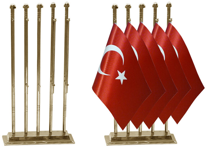 Altıgen Köşeli Beşli Pirinç Masa Bayrak Direği