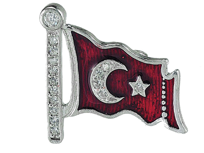 TBR7 Zirkon Taşlı Ay Yıldız Türk Bayrağı Rozeti - Gümüş 925 Ayar