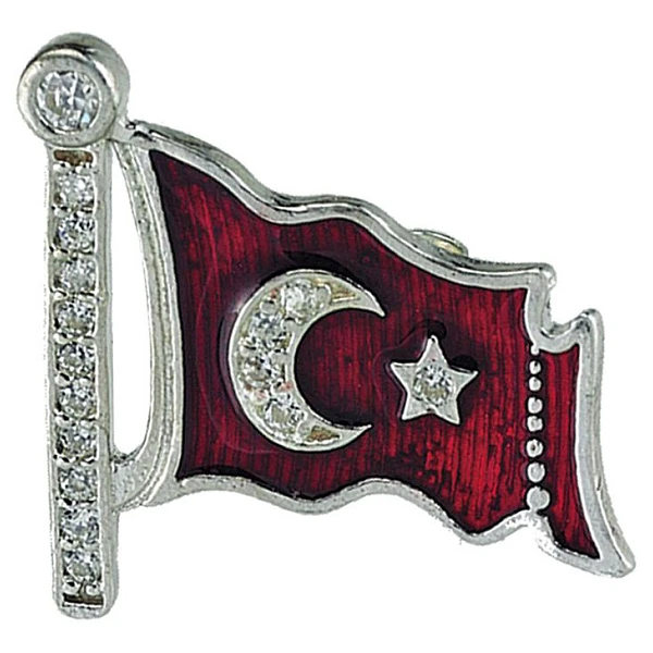 TBR7 Zirkon Taşlı Ay Yıldız Türk Bayrağı Rozeti - Gümüş 925 Ayar